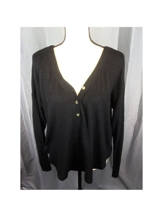 Colsie Tops - Women's Colsie Black Ribbed Long Sleeve Henley Top, size L